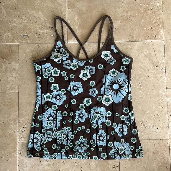 Athleta Tops - Athleta Black with Blue  Flowers Tank Topwith Built in Bra Size XL
